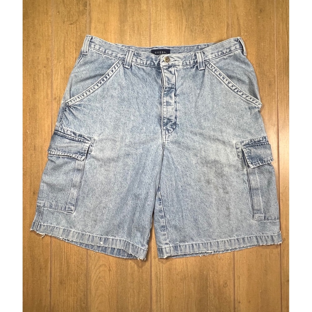 Vintage Guess Jeans Mens Light Wash Denim Cargo Shorts Made in USA Style 11933‎